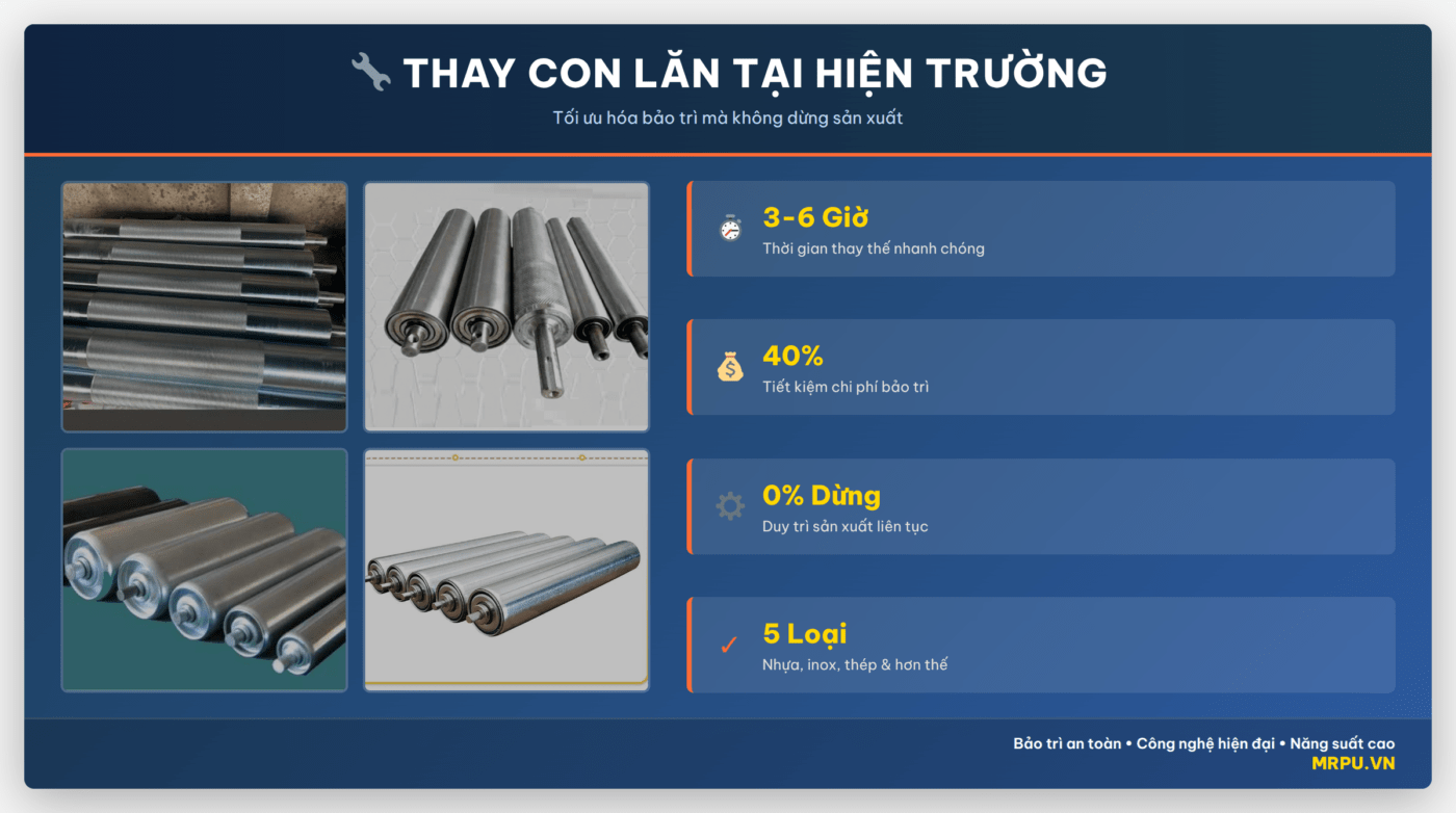Hướng dẫn thay con lăn băng tải tại hiện trường mà không cần dừng toàn bộ dây chuyền sản xuất