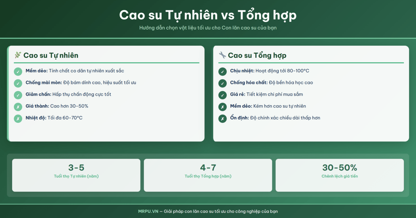 Phân biệt cao su tự nhiên và cao su tổng hợp trong sản xuất con lăn: Ảnh hưởng thực tế đến hiệu suất