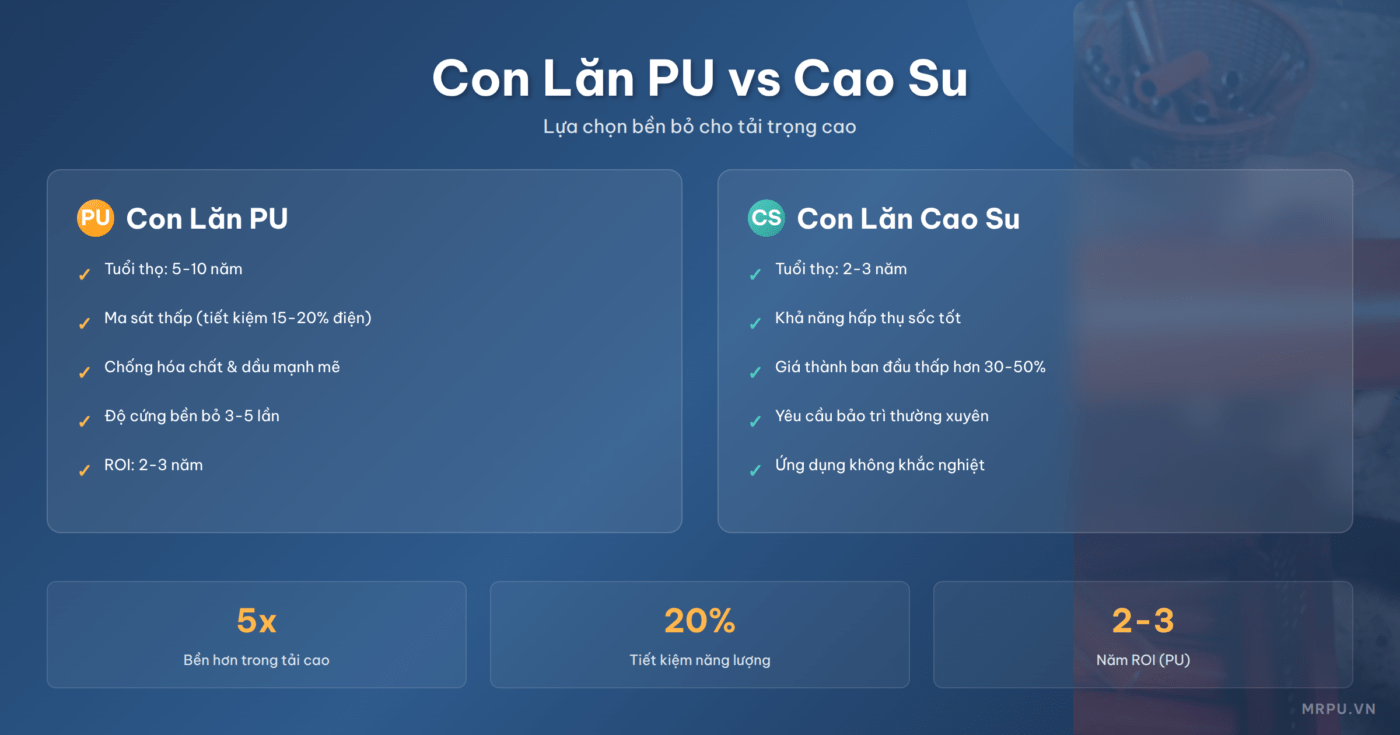 So sánh con lăn PU và con lăn cao su trong môi trường tải trọng cao: Đâu là lựa chọn bền hơn?