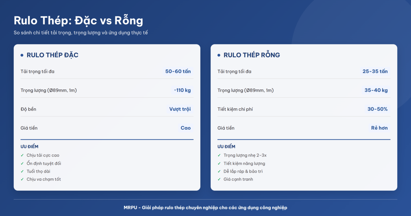 So sánh rulo thép đặc và rulo thép rỗng: Khác biệt về tải trọng, trọng lượng và ứng dụng thực tế
