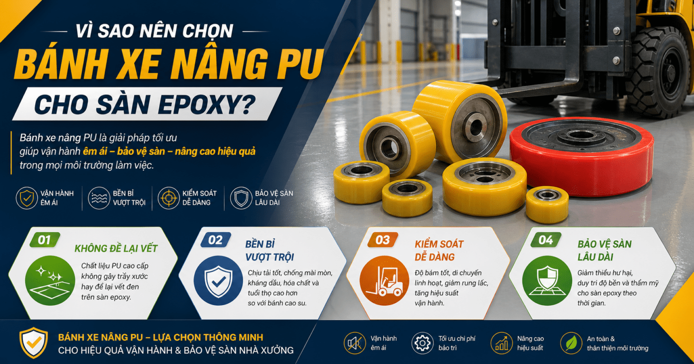 Bánh xe nâng cho sàn epoxy: Bánh xe PU không để lại vệt dưới sàn.