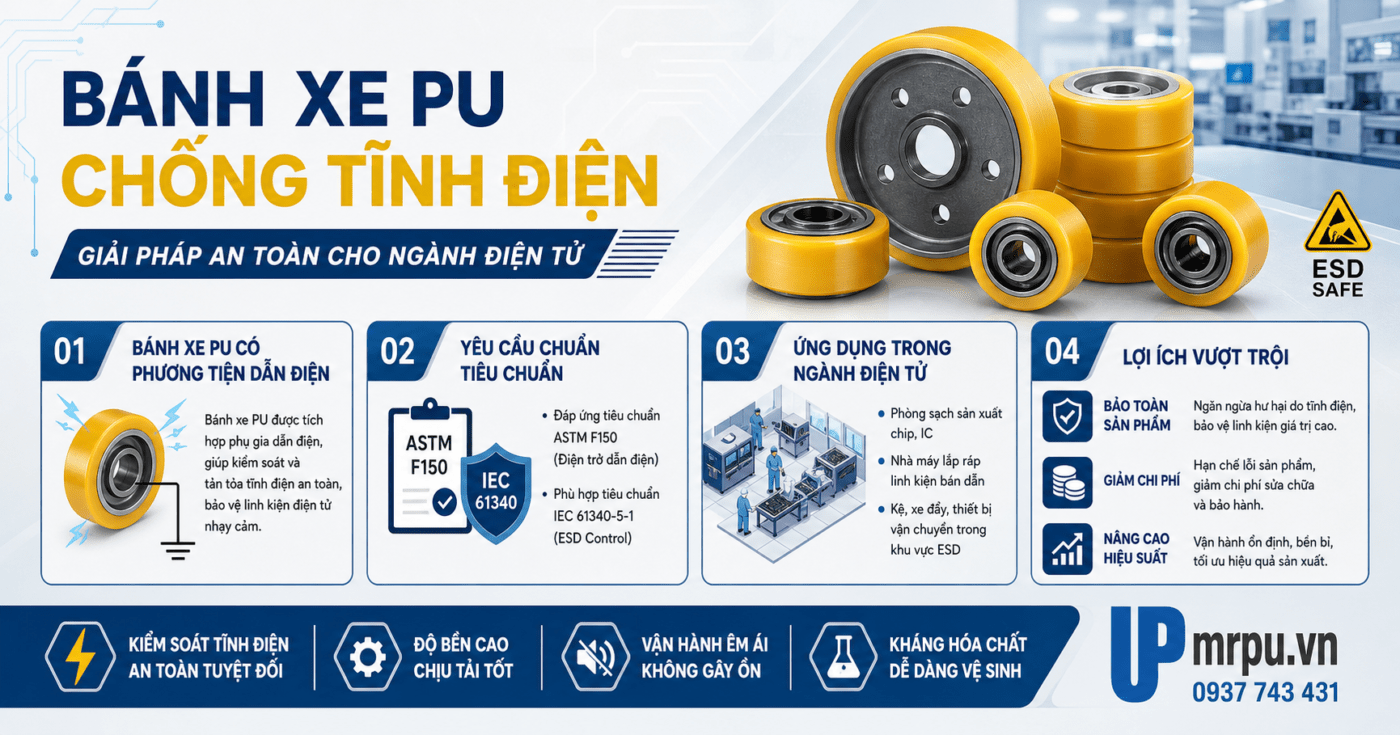 Bánh xe PU cho ngành điện tử: yêu cầu chống tĩnh điện 1 Bánh xe PU cho ngành điện tử: yêu cầu chống tĩnh điện