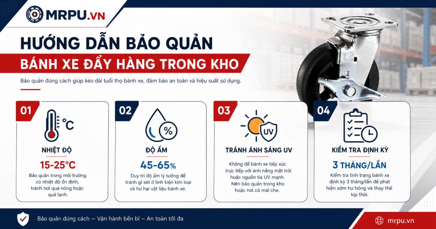 Hướng dẫn bảo quản bánh xe đẩy hàng dự phòng trong kho để tránh lão hóa cao su và gỉ ổ bi