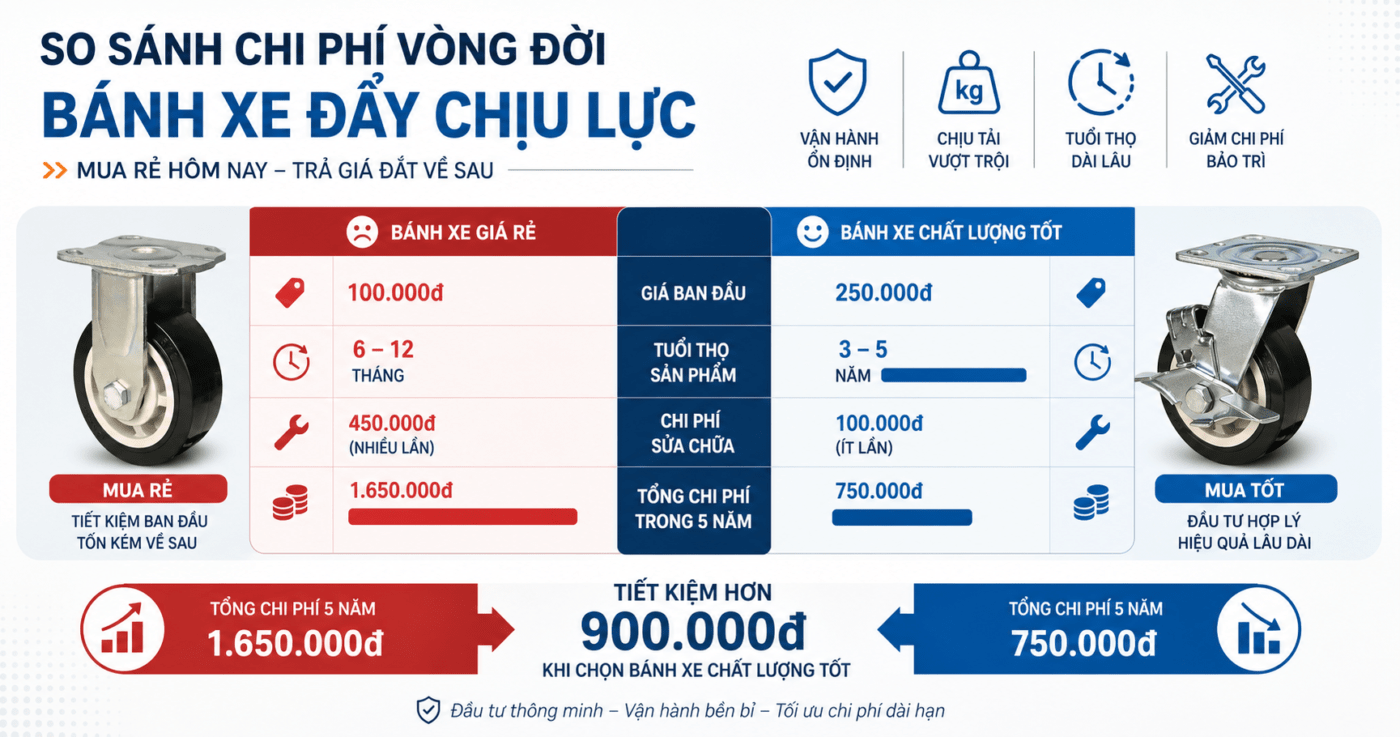 Phân tích chi phí vòng đời bánh xe đẩy chịu lực: Mua rẻ hay mua tốt ngay từ đầu tiết kiệm hơn?
