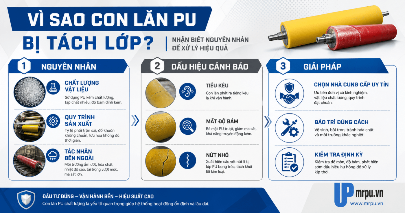 Tại sao con lăn bọc PU bị tách lớp sau vài tháng sử dụng và cách xử lý triệt để?