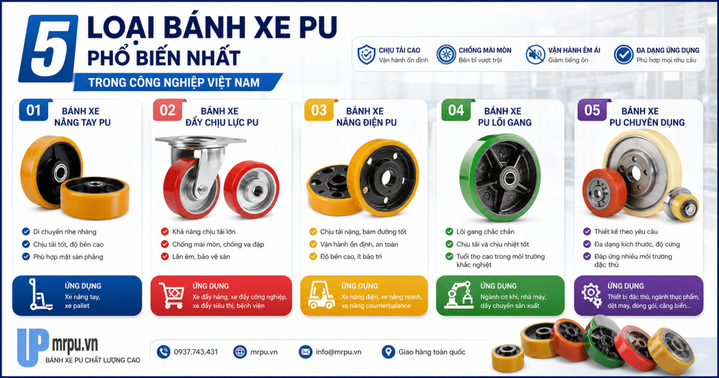 Tổng hợp các loại bánh xe PU phổ biến nhất trong công nghiệp Việt Nam