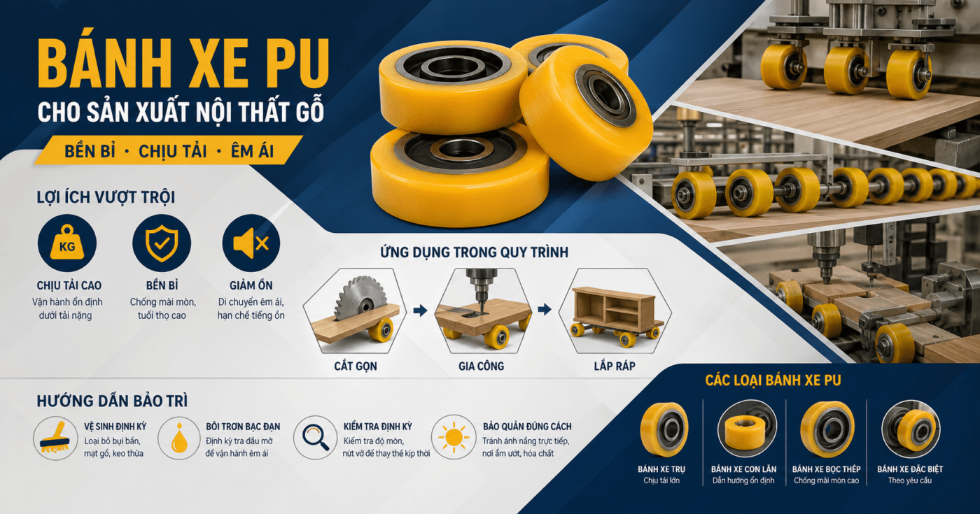 Ứng dụng bánh xe nâng chịu tải trong dây chuyền sản xuất đồ gỗ nội thất