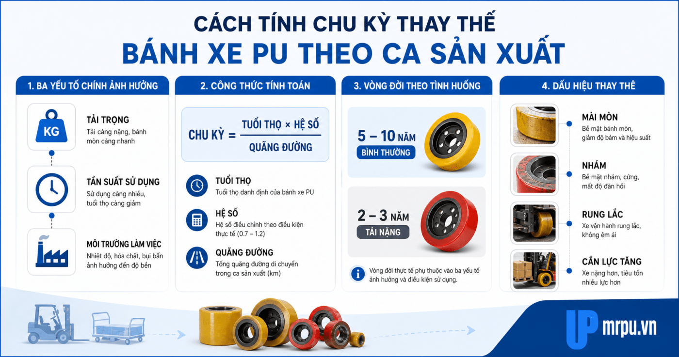 Cách tính chu kỳ thay thế bánh xe PU chịu lực theo ca sản xuất 1 Cách tính chu kỳ thay thế bánh xe PU chịu lực theo ca sản xuất