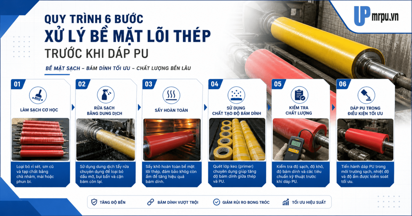 Hướng dẫn xử lý bề mặt lõi thép trước khi đắp PU để đạt độ bám dính tối đa