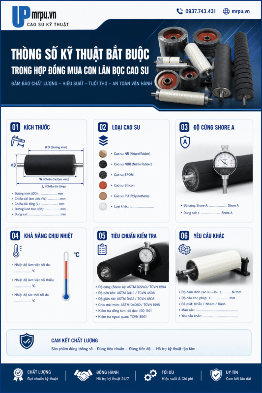 Những thông số kỹ thuật bắt buộc phải có trong hợp đồng mua con lăn bọc cao su với nhà gia công