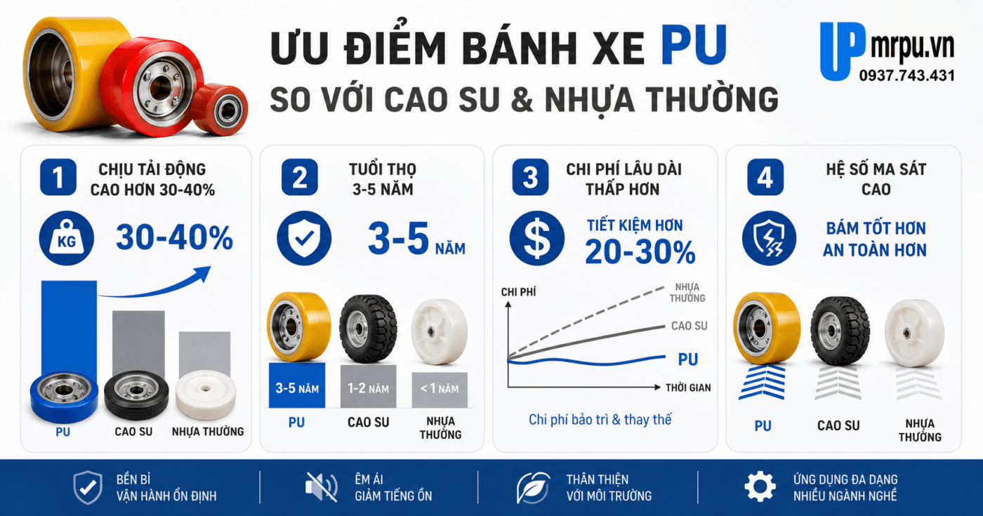 Bánh xe chịu tải trọng động: vì sao PU vượt trội hơn các vật liệu khác? 1 Bánh xe chịu tải trọng động: vì sao PU vượt trội hơn các vật liệu khác?