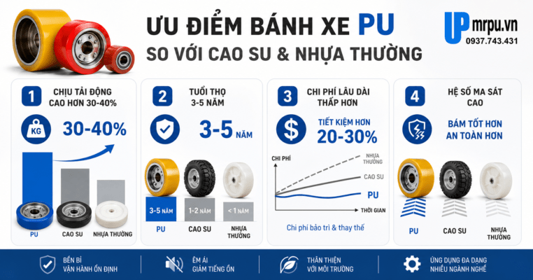 Bánh xe chịu tải trọng động: vì sao PU vượt trội hơn các vật liệu khác?