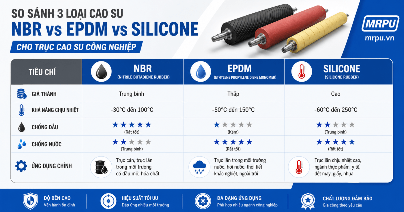 So sánh cao su NBR, EPDM và silicone cho trục cao su công nghiệp