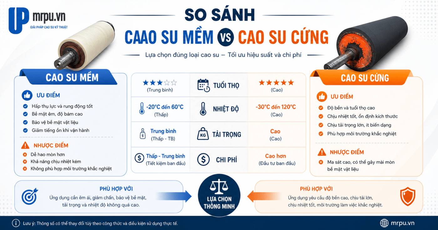 So sánh tuổi thọ con lăn cao su mềm và con lăn cao su cứng trong cùng điều kiện tải trọng thực tế